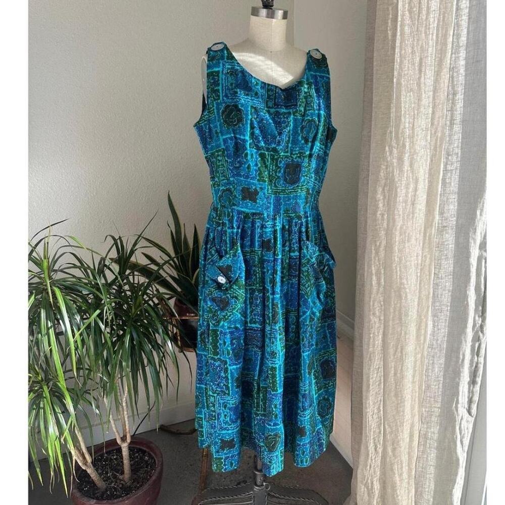 Women's Dress Blue Green Cotton Day Dress Sleeveless Pockets Button 60s Vintage